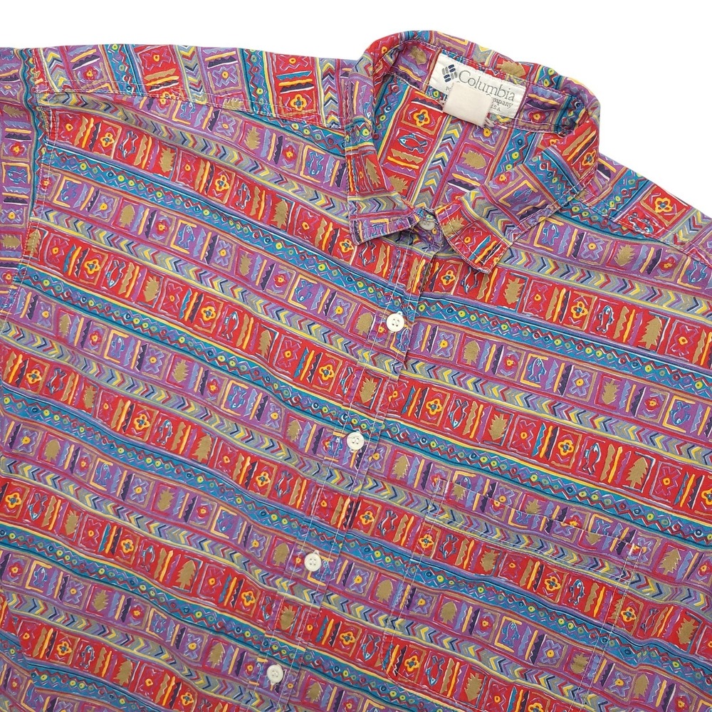 Vintage Columbia Shirt Womens XL Multicolor Geometric Short Sleeve Button Up 90s